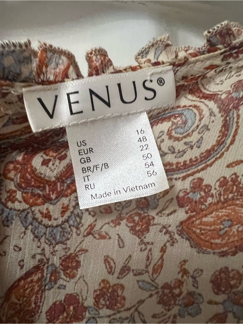 VENUS Cream Floral Paisley Ruffle-Neck dress with Rust & Blue Accents